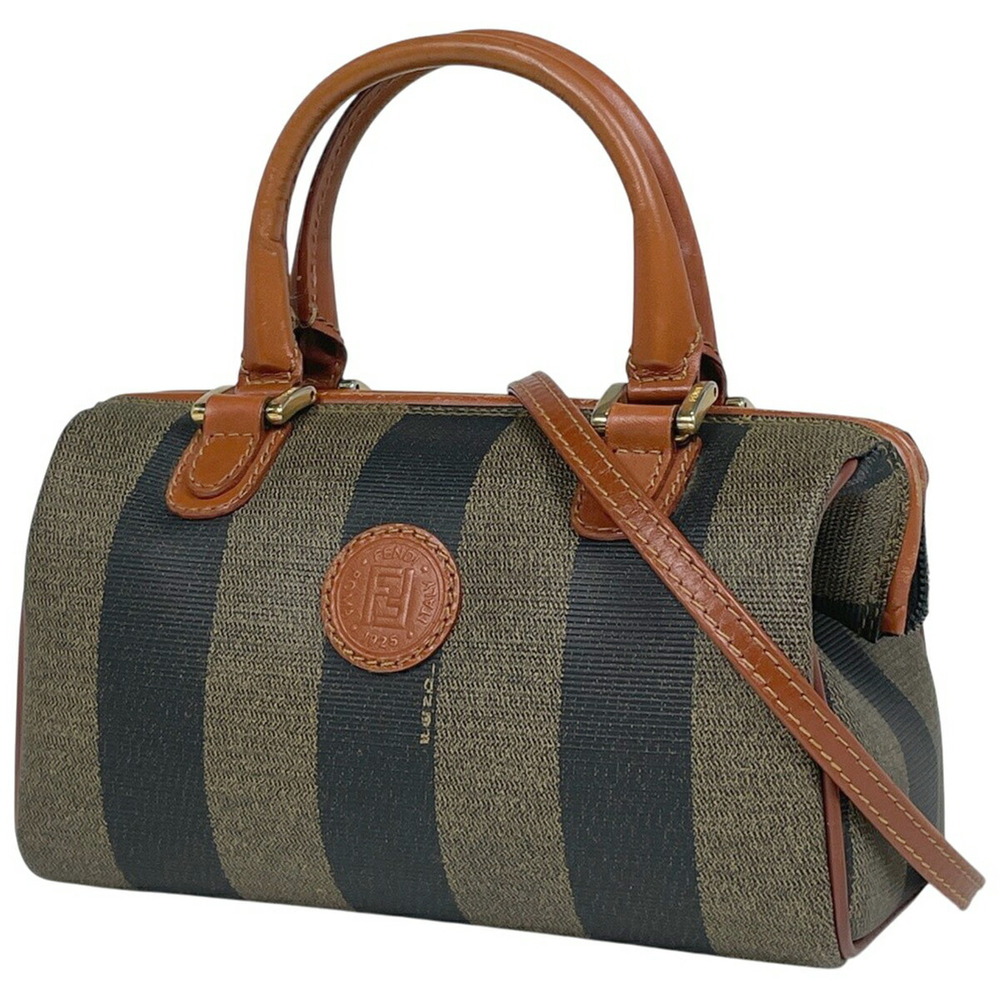 Fendi Pequin Handbag Boston Bag Shoulder Canvas Brown